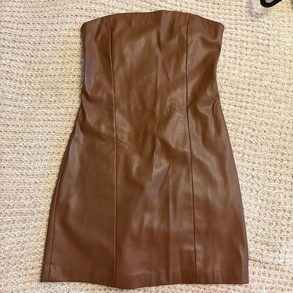 Bershka Strapless Faux Leather Mini Dress in Brown